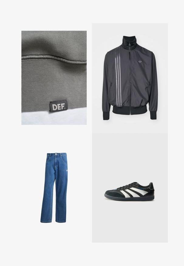 Mustus sportlik jakk kõrge kraega, tõmblukk ja kaks külgtaskut. Omab kolme horisontaalset triipu tumedamas toonis ning logo.; Hallideel kanga hallia dressipluusil, millel on soonikline tekstuur. Alumisel serval must silt valge tekstiga "DEF". Sile pind ja lihtne disain.; Sinine kõrge vöökohaga avar jakkidega teksapükse, millel on ees taskud, vöökoharingid, nupuga sulgemine ja väike Adidas'i logo paremal reiel.; adidas Performance PREDATOR FREESTYLE JUDE INDOOR FOOTBALL SHOES - Saalijalgpalli saapad - core black/silver-coloured/glory blue