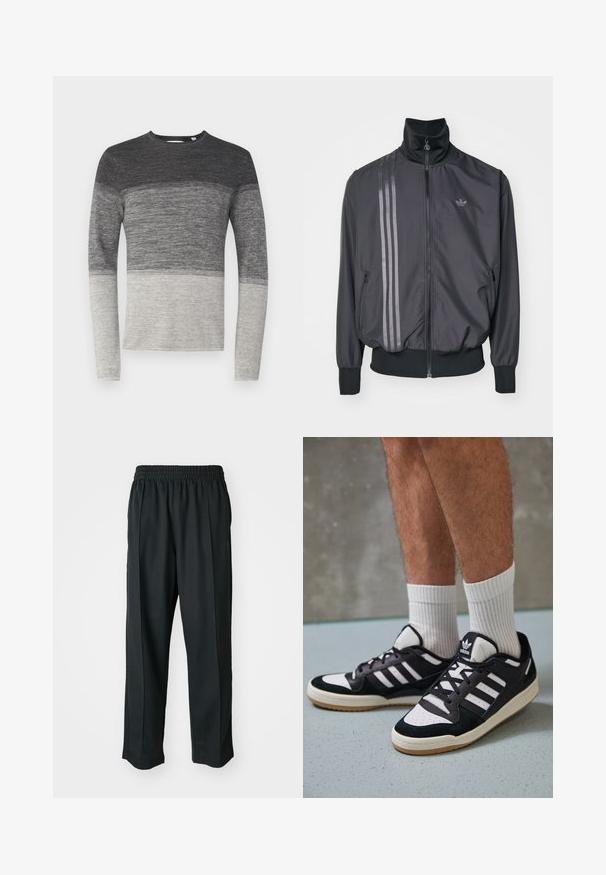 Zwarte sportieve jas met een hoge kraag, ritssluiting en twee zijzakken. Heeft drie horizontale strepen in een donkere tint en een logo.; Grijze lange mouwen trui met een kleurblokontwerp. Heeft een gebreide structuur, die overgaat van donkergrijs naar lichtgrijs aan de onderkant.; Zwarte sportbroek met een elastische tailleband, gemaakt van gladde stof, met subtiele zijnaad en een relaxte pasvorm, recht gesneden.; Zwart-witte sneakers met een bovenwerk van suede en leer, voorzien van drie witte strepen, een geperforeerde neus en een rubberen gumzool.