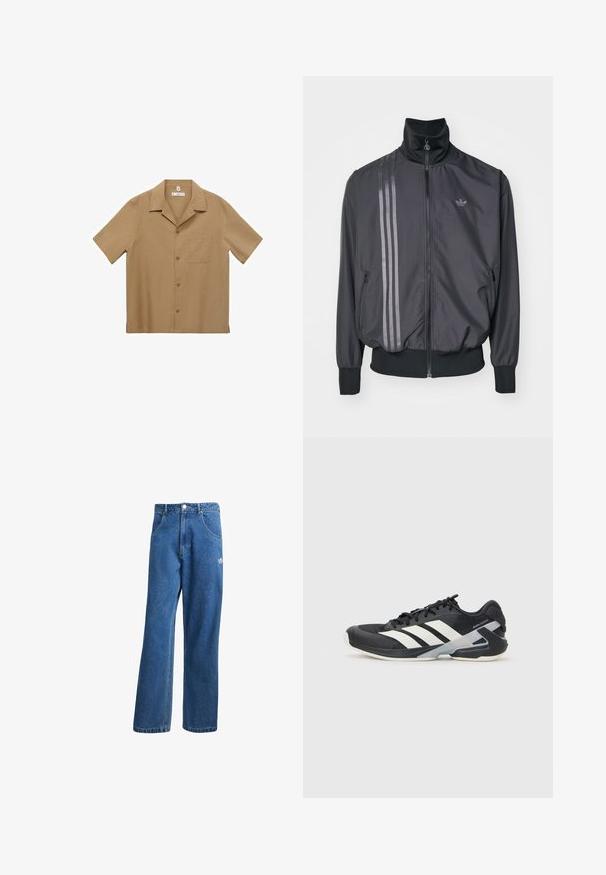 Zwarte sportieve jas met een hoge kraag, ritssluiting en twee zijzakken. Heeft drie horizontale strepen in een donkere tint en een logo.; Korte mouwen overhemd met knopen in lichtbruine stof met een zak, rechte zoom en klassieke kraag. Soepele textuur en een ontspannen pasvorm.; Blauwe hoge taille wijde spijkerbroek met voorzakken, riemlussen, knoopsluiting en klein Adidas-logo op de rechterdij.; Zwarte sportschoen met witte strepen, bovenwerk van mesh, ronde neus en geveerde zool. Heeft een getextureerde hak en een veilig vetersysteem.