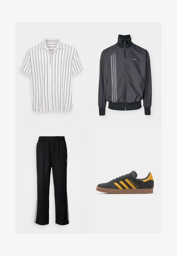 Giacca atletica nera con colletto alto, chiusura con zip e due tasche laterali. Presenta tre strisce orizzontali di tonalità più scura e un logo.; Camicia a maniche corte con bottoni, caratterizzata da righe verticali bianche, blu marino e beige chiaro. Realizzata in tessuto leggero con colletto aperto.; Pantaloni da allenamento neri con elastico in vita, dotati di bande laterali bianche e un piccolo logo. Il materiale sembra morbido e leggero.; Sneaker in suede nero con dettagli gialli, dotato di tre strisce e una suola in gomma marrone. Include una linguetta imbottita per il comfort.