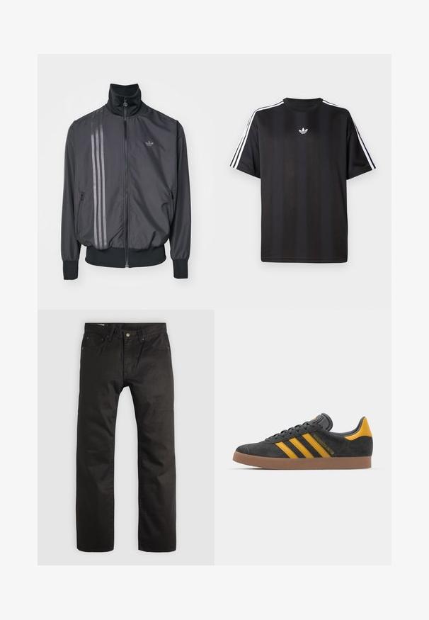 Svart treningsjakke med høy krage, glidelås og to sidelommer. Har tre horisontale striper i en mørkere nyanse og logo.; Svart t-skjorte med kort erm og hvite tre-stripes detaljer på skuldrene og en liten hvit logo på brystet. Mjuk stofftekstur.; Svarte bukser med rett ben, frontlukking med knapp og glidelås, beltehemper og fem lommer på en lys bakgrunn.; Sort skinnesko i svart semsket skinn med gule detaljer, med tre striper og en brun gummisåle. Inkluderer en polstret tunge for komfort.