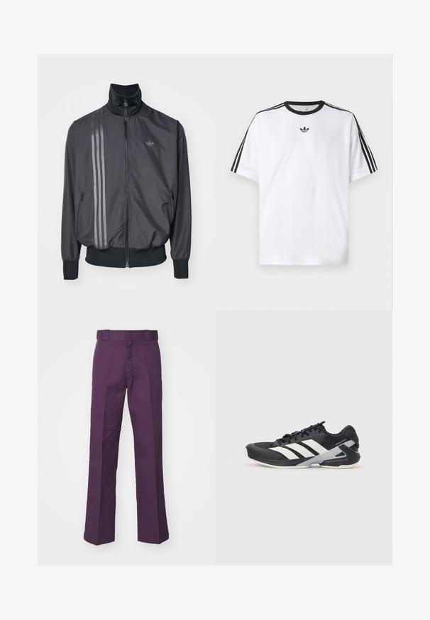 Melnas sporta jakas ar augstu apkakli, rāvējslēdzēju un divām sānu kabatām. Raksturo trīs horizontālas svītras tumšākā nokrāsā un logo.; Baltā T-krekla izgatavots no kokvilnas, ar melnu apaļu kakla izgriezumu un trim melnām svītrām uz katra pleca. Mazs melns logo uz krūtīm.; Purpursarkanas platās bikses, izgatavotas no izturīga kokvilnas auduma, ar plakanu jostasvietu, jostas cilpām un pielāgotām krokām strukturētam izskatam.; Melnas sporta kurpes ar baltām svītrām, acs augšdaļa, noapaļots pirksts un mīksts zole. Iespējams ar teksturētu papēdi un drošu šņoru sistēmu.