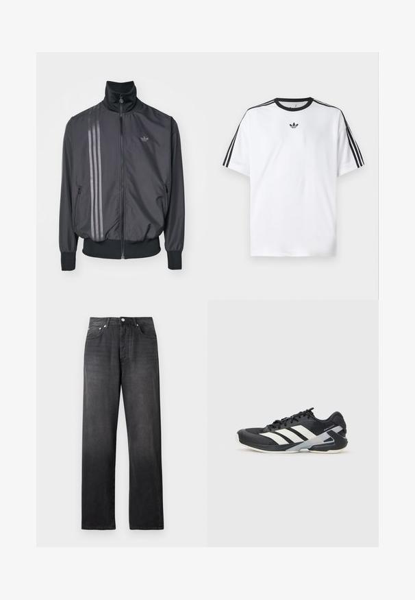 Svart treningsjakke med høy krage, glidelås og to sidelommer. Har tre horisontale striper i en mørkere nyanse og logo.; Hvit T-skjorte laget av bomull, med svart rund hals og tre svarte striper på hver skulder. Liten svart logo på brystet.; Svarte høyt midje straight-leg jeans med frontknapp og glidelås, to frontlommer og subtile falmede detaljer.; Svart treningssko med hvite striper, mesh-overdel, avrundet tå og polstret såle. Har en teksturert hæl og et sikkert snøresystem.
