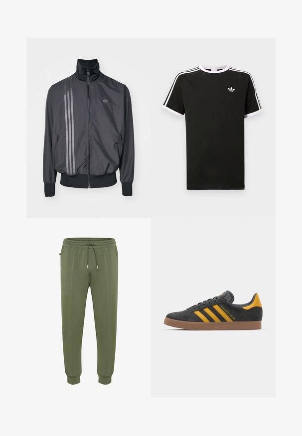 Zwarte sportieve jas met een hoge kraag, ritssluiting en twee zijzakken. Heeft drie horizontale strepen in een donkere tint en een logo.; Zwarte T-shirt van katoen met witte accenten. Beschikt over korte mouwen, raglanontwerp en een klein logo op de borst. Drie witte strepen op de schouders.; Joggingbroeken in olijfgroen gemaakt van zachte stof, voorzien van een taille met trekkoord, zijzakken en geribbelde boorden voor een goede pasvorm.; Zwarte suède sneakers met gele accenten, voorzien van drie strepen en een bruine rubberen zool. Inclusief een gevoerde tong voor comfort.