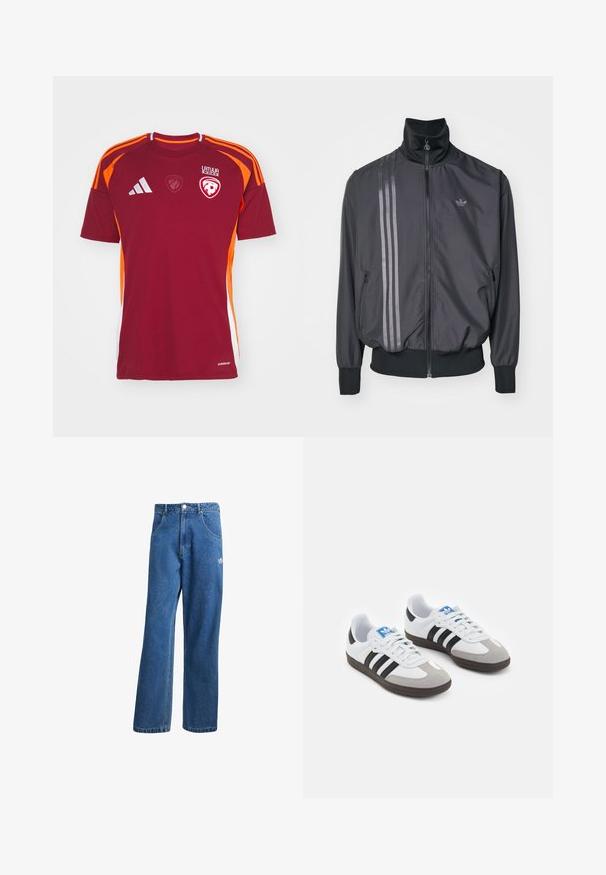 Veste de sport noire avec un col haut, fermeture éclair, et deux poches latérales. Présente trois bandes horizontales dans une teinte plus foncée et un logo.; adidas Performance LATVIAN LFF HOME - Maillot de foot - team burgundy; Jean en denim bleu taille haute, jambes larges, avec poches avant, passants de ceinture, fermeture à bouton et petit logo Adidas sur la cuisse droite.; Baskets avec une tige en cuir blanc, un bout en daim gris et trois bandes noires. Présente un logo bleu sur la languette et une semelle en caoutchouc texturée.