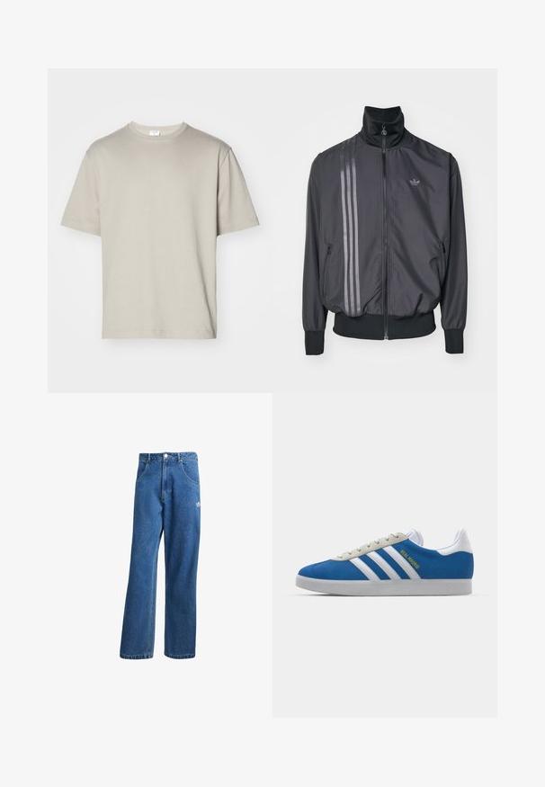 Svart treningsjakke med høy krage, glidelås og to sidelommer. Har tre horisontale striper i en mørkere nyanse og logo.; Filippa K HEAVY CREW NECK TEE - T-shirts - moss grey; Blå høyhalsede vide denimjeans med frontlommer, belteholdere, knappelukking og liten Adidas-logo på høyre lår.; adidas Originals ADIDAS GAZELLE SHOES - Innendørsfotballsko - real madrid/bluebird/footwear white/crew yellow
