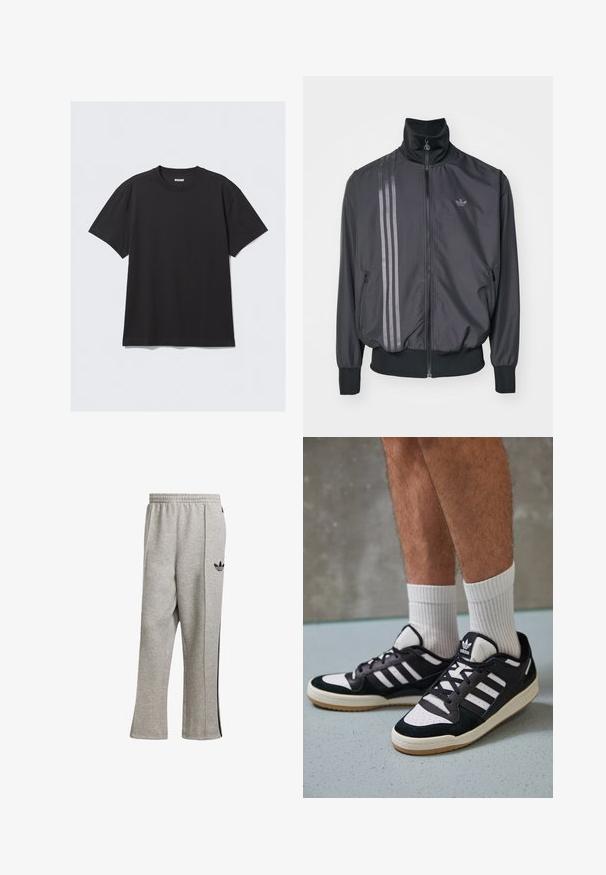 Giacca atletica nera con colletto alto, chiusura con zip e due tasche laterali. Presenta tre strisce orizzontali di tonalità più scura e un logo.; T-shirt nero a maniche corte in cotone. Presenta un collo a giro e una vestibilità comoda. Design semplice senza motivi o dettagli visibili.; Pantaloni grigi in felpa di cotone, con design a gamba dritta, cintura elastica e strisce laterali nere con dettaglio del logo.; Sneaker bianco e nero con tomaia in suede e pelle, caratterizzati da tre strisce bianche, punta perforata e suola in gomma naturale.