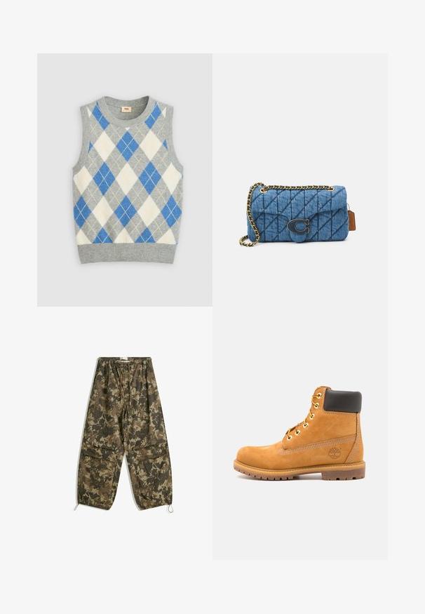 Ciemnoniebieska kurtka dżinsowa z długimi rękawami, z przodem zapinanym na guziki, dwoma kieszeniami na klatce piersiowej z klapkami oraz kontrastowym przeszyciem na białym tle.; Szary bezrękawnik z wzorem w argyle w odcieniach niebieskiego, białego i żółtego. Posiada okrągły dekolt i ściągacze u dołu. Wykonany z miękkiego materiału.; Spodnie w kamuflażu, lekkie, w odcieniach brązu i zieleni. Posiadają elastyczny pas, sznurek oraz ściągacze na kostkach.; Brązowy skórzany botek za kostkę z czarnym wykończeniem, złotymi oczkami i teksturowaną podeszwą. Posiada okrągłe logo z boku oraz akcenty w postaci przeszyć.; Niebieska pikowana torba na ramię z denimu, z złotym łańcuchem i wyraźnym złotym logo na przodzie. Kompaktowy, prostokątny kształt.