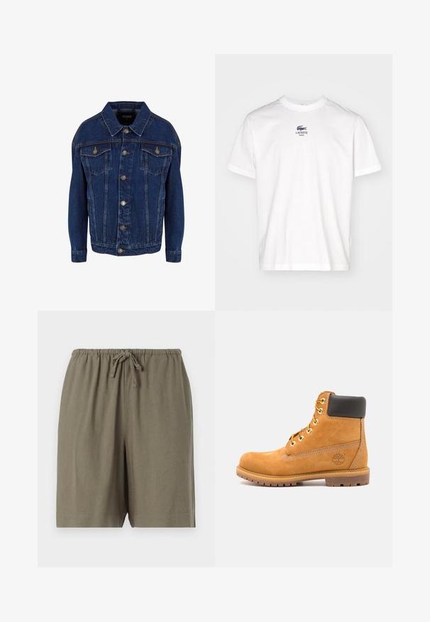 Jachetă din denim de culoare albastru închis, cu mâneci lungi, închidere cu nasturi, două buzunare pe piept cu clapetă și cusături în contrast pe un fundal alb.; Tricou alb din bumbac cu mâneci scurte, având un mic logo al Lacoste de culoare albastră și textul "PARIS" pe piept. Design clasic cu gât în formă de cerc.; Pantaloni scurți khaki dintr-un material ușor. Au un tiv elastic cu șnur și o croială lejeră. Design simplu, de culoare uniformă.; Botă din piele maro până la gleznă, cu umplutură neagră, ochiuri aurii și o talpă texturată. Prezintă un logo circular pe lateral și accente de cusătură.