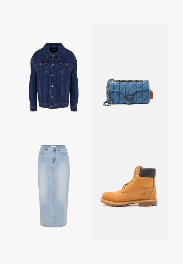 Tamno plavi traper jakna s dugim rukavima, dugmeta sprijeda, dvije džepne preklopne torbe na prsima i kontrastnim šavovima na bijeloj pozadini.; Bela pamučna majica bez rukava s širokim naramenicama, okruglim izrezom i glatkom, rebrastom teksturom. Nema uzoraka ili ukrasa.; Svijetloplava traper midi suknja ravnog kroja, s prednjim prorezom i vidljivim šavovima. Ima kopčanje na dugme i petlje za remen.; Smeđe kožne gležnjače s crnim podstavama, zlatnim umetkom i teksturiranim potplatom. Imaju kružni logo sa strane i šavove kao naglaske.; Plava ispunjena torba od denima s remenom od zlatnog lanca i istaknutim zlatnim logotipom sprijeda. Kompaktni pravokutni oblik.