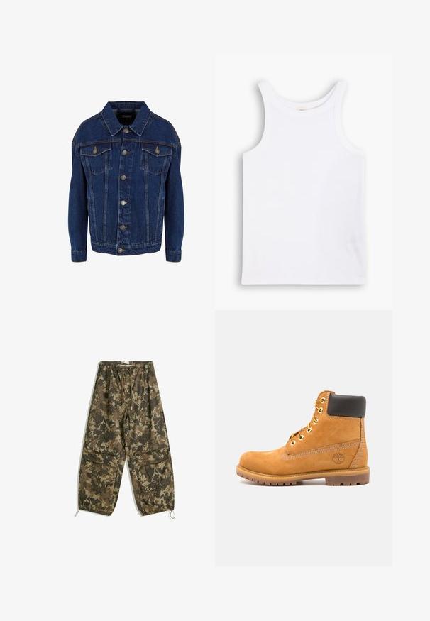 Jachetă din denim de culoare albastru închis, cu mâneci lungi, închidere cu nasturi, două buzunare pe piept cu clapetă și cusături în contrast pe un fundal alb.; Top de bumbac alb fără mâneci, cu bretele late, decolteu rotund și o textură netedă, cu rigle. Fără modele sau accente prezente.; Pantaloni ușori, cu model de camuflaj, în nuanțe de maro și verde. Prezintă o talie elastică, șnur reglabil și glezne strânse.; Botă din piele maro până la gleznă, cu umplutură neagră, ochiuri aurii și o talpă texturată. Prezintă un logo circular pe lateral și accente de cusătură.