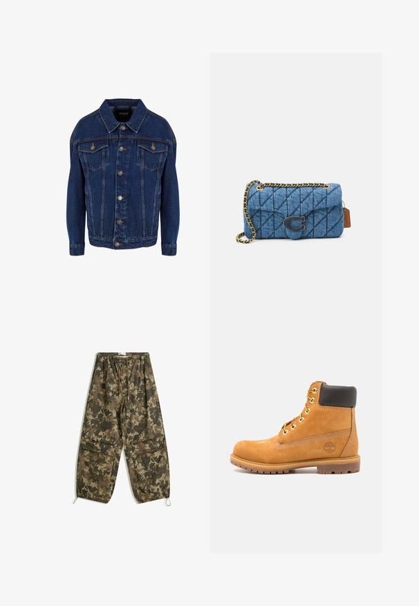 Tmavě modrá džínová bunda s dlouhými rukávy, zapínáním na knoflíky, dvěma náprsními kapsami s klopou a kontrastním prošíváním na bílém pozadí.; Bílé bavlněné tílko s širokými ramínky, kulatým výstřihem a hladkou, žebrovanou texturou. Žádné vzory ani akcenty nejsou přítomny.; Kalhoty s kamuflážním vzorem, lehké, v odstínech hnědé a zelené. Mají elastický pas, šňůrku na stažení a stažené kotníky.; Hnědá kožená kotníková bota s černým polstrováním, zlatými očky a texturovanou podrážkou. Obsahuje kruhové logo po boku a akcenty v podobě prošívání.; Modrá prošívaná džínsová kabelka na rameno se zlatým řetízkovým popruhem a výrazným zlatým logem na přední straně. Kompaktní obdélníkový tvar.