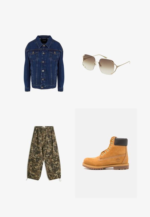 Ciemnoniebieska kurtka dżinsowa z długimi rękawami, z przodem zapinanym na guziki, dwoma kieszeniami na klatce piersiowej z klapkami oraz kontrastowym przeszyciem na białym tle.; Biała bawełniana koszulka na ramiączkach z szerokimi paskami, okrągłym dekoltem i gładką, prążkowaną strukturą. Brak wzorów i akcentów.; Spodnie w kamuflażu, lekkie, w odcieniach brązu i zieleni. Posiadają elastyczny pas, sznurek oraz ściągacze na kostkach.; Brązowy skórzany botek za kostkę z czarnym wykończeniem, złotymi oczkami i teksturowaną podeszwą. Posiada okrągłe logo z boku oraz akcenty w postaci przeszyć.; Złote okulary przeciwsłoneczne z dużymi, kwadratowymi gradientowymi soczewkami, przechodzącymi od ciemnego brązu do jasnego brązu, z cienkimi zausznikami i subtelnymi detalami.; Niebieska pikowana torba na ramię z denimu, z złotym łańcuchem i wyraźnym złotym logo na przodzie. Kompaktowy, prostokątny kształt.