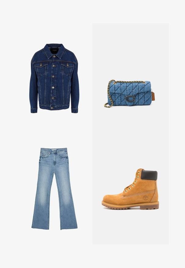 Temno modra denim jakna z dolgimi rokavi, gumbnim zapiranjem, dvema žepoma s poklopcem na prsih in kontrastnim šivanjem na belem ozadju.; Bela bombažna majica brez rokavov z širokimi naramnicami, okroglo ovratnico in gladko, rebrasto teksturo. Brez vzorcev ali dodatkov.; Svetlo modre široke kavbojke iz denima, ki imajo klasičen dizajn s petimi žepi in zadrgo ter gumbom za zapiranje.; Rjavi usnjeni gležnarji s črnim oblazinjenjem, zlatimi očesci in teksturiranim podplatom. Imajo okroglo logo na strani in šivane detajle.; Modra prešita denim torba za ramo z zlatim verigo in izrazitim zlatim logotipom na sprednji strani. Kompaktna pravokotna oblika.