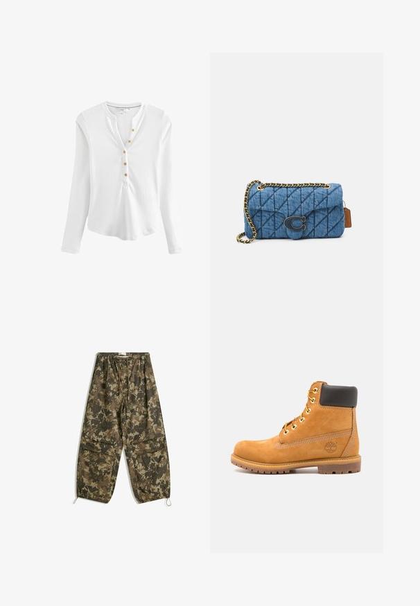 Ciemnoniebieska kurtka dżinsowa z długimi rękawami, z przodem zapinanym na guziki, dwoma kieszeniami na klatce piersiowej z klapkami oraz kontrastowym przeszyciem na białym tle.; Biała koszula typu henley z długim rękawem, wykonana z materiału w prążki, z wyciętym kołnierzykiem, pięcioma złotymi guzikami z przodu i zaokrąglonym dołem.; Spodnie w kamuflażu, lekkie, w odcieniach brązu i zieleni. Posiadają elastyczny pas, sznurek oraz ściągacze na kostkach.; Brązowy skórzany botek za kostkę z czarnym wykończeniem, złotymi oczkami i teksturowaną podeszwą. Posiada okrągłe logo z boku oraz akcenty w postaci przeszyć.; Niebieska pikowana torba na ramię z denimu, z złotym łańcuchem i wyraźnym złotym logo na przodzie. Kompaktowy, prostokątny kształt.
