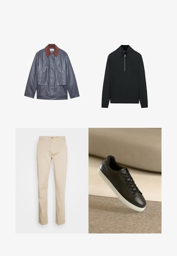 Graue wasserfeste Jacke mit einem braunen Cordkragen, ausgestattet mit zwei Fronttaschen und einer Knopfleiste. Glatte Textur und lässige Passform.; Schwarzer Pullover mit hohem Kragen, halbem Reißverschluss vorne und gerippten Bündchen und Saum. Hergestellt aus weichem Strickmaterial mit glatter Textur.; Beige Baumwoll-Chinos mit geradem Bein, ausgestattet mit einem Knopfverschluss und subtiler Textur. Keine sichtbaren Muster oder Akzente.; Schwarzer Ledersneaker mit weißer Gummisohle und schwarzen Schnürsenkeln, platziert auf einer beigen Stoffoberfläche und im Hintergrund.