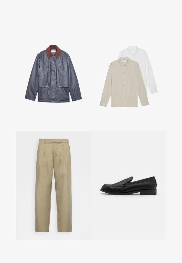 Giacca impermeabile grigia con colletto in velluto a coste marrone, dotata di due tasche frontali e chiusura a bottoni. Texture liscia e vestibilità comoda.; Due camicie a maniche lunghe: una in tessuto bianco, l'altra in beige con sottili righe verticali. Entrambe presentano colli e polsini a bottone.; Pantaloni beige a vita alta con taglio dritto, dotati di una parte frontale liscia, tasche laterali e un tessuto morbido e testurizzato.; Mocassini in pelle nera con finitura liscia, punta arrotondata e una piccola pattina decorativa. Presentano un tacco basso e impilato e un sottile dettaglio di branding.