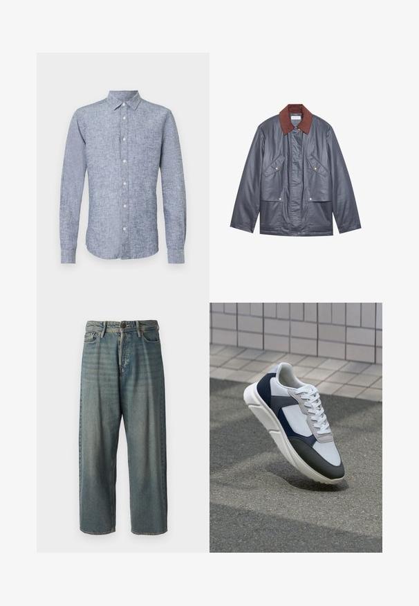 Harmaa vettä hylkivä takki, jossa on ruskea corduroy-kaulus, kahdella etupussilla ja napitus. Sujuva pinta ja rento istuvuus.; Sininen pellavainen pitkähiha, jossa napitettava kaulus, teksturoitu kangas ja kaareva helma. Viisi etunappia yhdessä rivissä.; Vaaleansiniset farkut, joissa on väljä istuvuus, keskikorkea vyötärö ja suorat lahkeet. Ominaisuuksiin kuuluvat viisi taskua, vyölenkit ja nappisulku.; Valkoinen, laivastonsininen ja harmaa tennari sekamateriaalimuotoilulla, jossa on teksturoitu päällinen, litteät nauhat ja pehmustettu pohja.