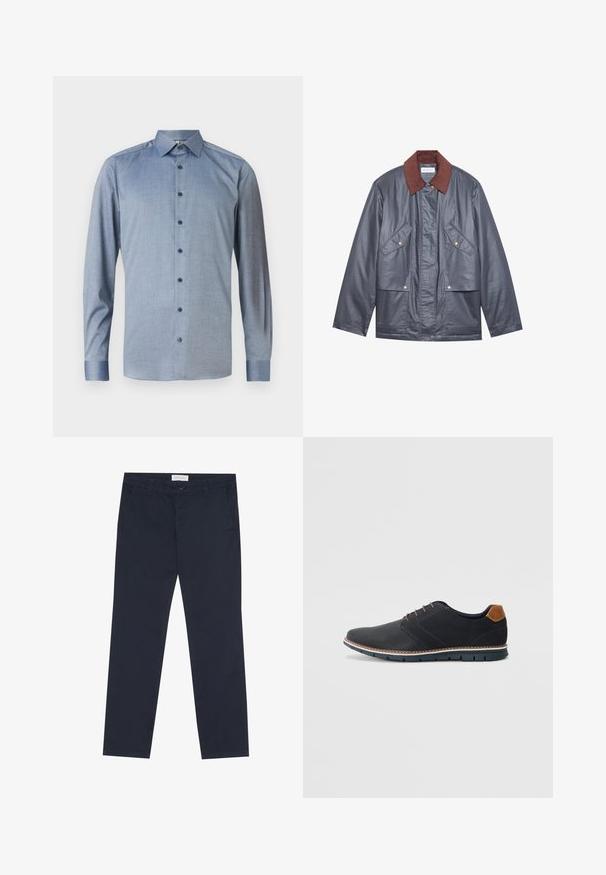 Casaco impermeável cinza com gola de corduroy castanho, apresentando dois bolsos frontais e fecho de botão. Textura suave e corte descontraído.; Camisa de mangas longas azul claro com um padrão subtil, colarinho, fecho frontal com botões e botões azuis escuros. Textura de tecido suave.; Chinos azul-marinho feitos de algodão com uma textura suave, apresentando um fecho de correr, passantes para cinto e bolsos laterais para funcionalidade.; Sapatos sintéticos pretos com um upper texturizado, pormenores lisos, salto castanho e uma sola contrastante. Apresentam um sistema de atacadores mínimo e detalhes de costura.