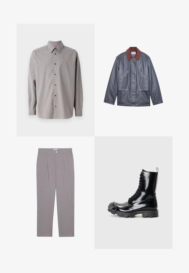 Halli veekindel jakk pruuni veliurist kraega, millel on kaks esist pocketit ja nööbilukuga sulgemine. Sile tekstuur ja mugav lõige.; Sinise ja oranži ruudulise mustriga nööbitav särk, pikka varrukaga, terava kraega ning väikese logoga rinnatasku piirkonnas.; Hallid nagu ühtlaselt lõigatud hallid püksid, millel on kaks esikülje taskut, voldid ja nupuvääristus. Valmistatud kergest kangast.; Must mustekatse nahast lahingukingad läikiva viimistlusega, nöörimisega disain, paks kummist tald ja eriline eesmine riistvara detail.