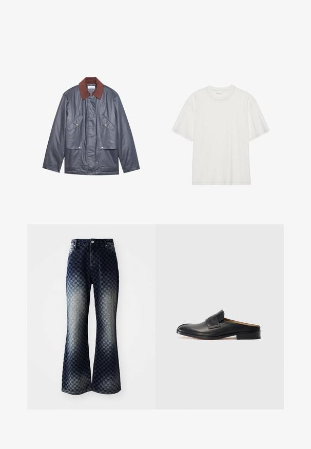 Graue wasserfeste Jacke mit einem braunen Cordkragen, ausgestattet mit zwei Fronttaschen und einer Knopfleiste. Glatte Textur und lässige Passform.; Weißes Baumwoll-T-Shirt mit kurzen Ärmeln, rundem Ausschnitt und kontrastierenden Nähten entlang des Ausschnitts und der Ärmel.; Ausgestellte Jeans aus Denim mit einem dunkel-zu-hellen Ombre-Karomuster, ausgestattet mit einem Reißverschluss, klassischem Fünf-Taschen-Design und silbernen Hardware-Akzenten.; Schwarzer Leder-Schlüpfschuh mit runder Spitze, niedrigem Blockabsatz und einem vorderen Riemen. Glatte Textur mit dezentem Logo-Detail am Riemen.
