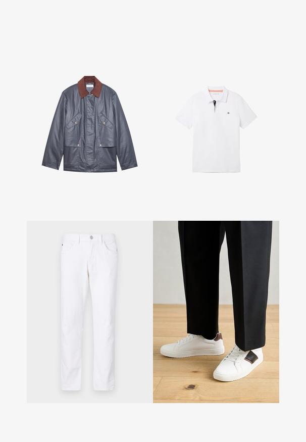 Szürke vízálló dzseki barna kordbársony gallérral, két elülső zsebbel és gombos záródással. Simaság tapintás és laza szabás.; Fehér póló fekete gallérral, narancssárga díszítéssel, rövid ujjú, és egy kis logóval a mellkason. Lélegző pamutkeverékből készült.; Fehér pamut farmernadrág egyenes lábbal, gombos záródással, öt zsebbel és diszkrét varrási részletekkel.; Fehér sneaker, sima textúrával, barna bőr díszítéssel és fekete részletekkel, fekete szabott nadrággal párosítva. Fából készült padló háttér.