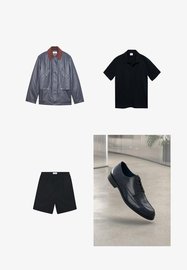 Graue wasserfeste Jacke mit einem braunen Cordkragen, ausgestattet mit zwei Fronttaschen und einer Knopfleiste. Glatte Textur und lässige Passform.; Mango Poloshirt - royal blue; Schwarze Shorts aus Stoff mit glatter Textur. Merkmale sind ein Knopfverschluss, zwei vordere Falten und ein standardmäßiger Bund.; Glänzender schwarzer Leder-Dressschuh mit Schnürsenkeln, schwebend über einem glatten, hellgrauen Boden und vertikalen Metallstäben im Hintergrund.