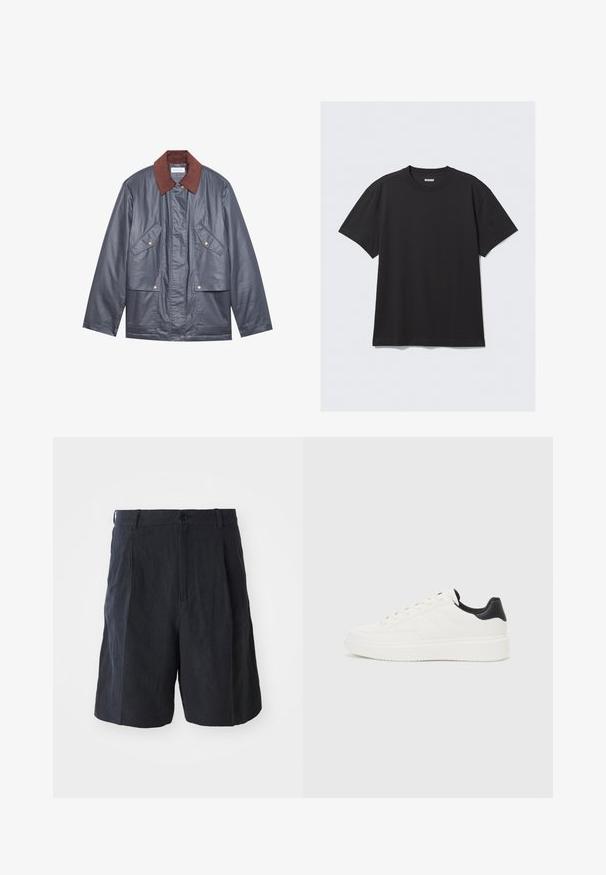 Veste imperméable grise avec un col en velours côtelé marron, dotée de deux poches avant et d'une fermeture à boutons. Texture lisse et coupe décontractée.; T-shirt noir à manches courtes en coton. Il présente un col rond et une coupe décontractée. Design simple sans motifs ni accents visibles.; Weekday LOOSE SUIT - Short - black; Sneakers en cuir blanc avec motif embossé, semelle intermédiaire texturée blanche et accent noir au talon. Présentent une pointe arrondie et des lacets plats.