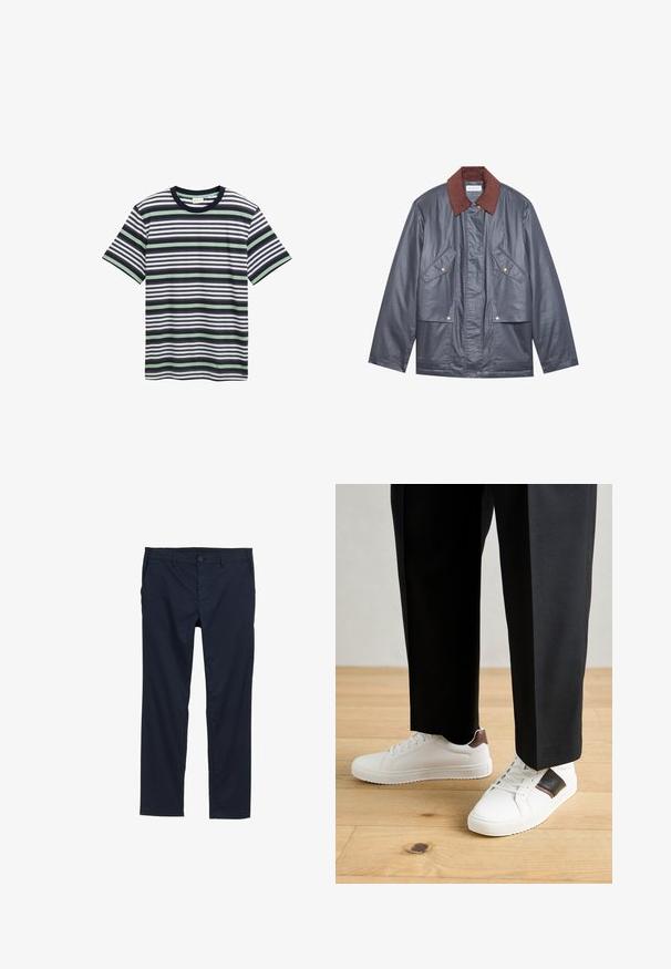 Siva nepremočljiva jakna s krušnim ovratnikom, ki ima dva sprednja žepa in gumbasto zapiranje. Gladka tekstura in sproščen kroj.; Prazna majica s črtami v mornarski modri, beli in zeleni barvi. Ima okroglo ovratnik, kratke rokave in različne horizontalne črte po tkanini.; Mornarsko modri lahki hlače z gladko teksturo, ravnim krojem, gumbom za zapiranje in stranskimi žepi.; Beli športni copati z gladko teksturo, okrašeni z rjavimi usnjenimi detajli in črnimi poudarki, v kombinaciji s črnimi krojenimi hlačami. Ozadje iz lesenih tal.