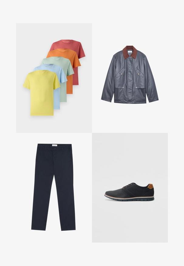 Siva vodootporna jakna s smeškim kordura kragnom, koja ima dva prednja džepa i dugme za kopčanje. Glatka tekstura i opušteni kroj.; Pet kratkih rukava izrađenih u gradijentu: žuta, svijetloplava, mint zelena, narančasta i koraljna. Mekani materijal s dizajnom okruglog izreza.; Tamno plave chino hlače od pamuka s glatkom teksturom, s patentnim zatvaračem, petljama za pojas i bočnim džepovima za praktičnost.; Crne sintetičke cipele s teksturiranim gornjim dijelom, glatkim akcentima, smešnim petom i kontrastnom potplatom. Imaju minimalne vezice i detalje šivanja.