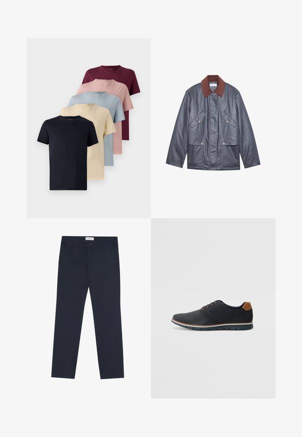 Jachetă impermeabilă gri cu guler de catifea maro, având două buzunare frontale și închidere cu nasturi. Textură netedă și croială lejeră.; Cinco tricouri cu mânecă scurtă așezate unul lângă altul. Culorile includ bleumarin, crem, albastru deschis, roz și burgund. Material neted, design cu guler rotund.; Chino navy din bumbac, cu o textură netedă, având fermoar, bucle pentru curea și buzunare laterale pentru funcționalitate.; Pantofi sintetici negri cu un superior texturat, accente netede, toc maro și o talpă contrastantă. Prezintă un șnur minimalist și detalii de cusătură.