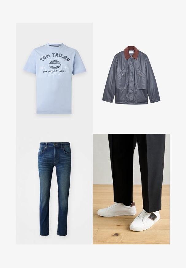 Pilkas nepralaidus vandeniui švarkas su rudais švelniais šonkauliais, turintis dvi priekinės kišenes ir mygtukų užtraukimą. Lygus paviršius ir atsipalaidavęs siluetas.; Šviesiai mėlynas medvilninis marškinėliai su apvalia apykakle, trumpomis rankovėmis ir tamsiai mėlynu spaudiniu. Pasižymi logotipu ir įsteigimo metų dizainu.; Tamsiai mėlyni džinsai su siauru siluetu, turintys penkias kišenes, priekinį užsegimą mygtuku ir subtilų išblukimą ant kojų.; Balti sportbačiai su glotnia danga, puošti rudais odiniais akcentais ir juodais detalėmis, derinami su juodais pritaikytais kelnėmis. Medinių grindų fonas.
