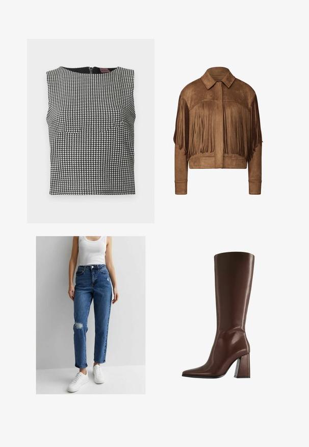 Brown suede cropped jacket featuring long fringe details along the sleeves and shoulders, with a classic collar and ribbed cuffs.; Black and white houndstooth sleeveless top with a round neckline and a back zipper. Made from a textured fabric.; Blue high-waisted denim jeans with a relaxed fit, featuring distressed areas on the knees and finished with a classic five-pocket design.; Brown knee-high leather boot with pointed toe and chunky mid-height heel shown in side profile on white background.