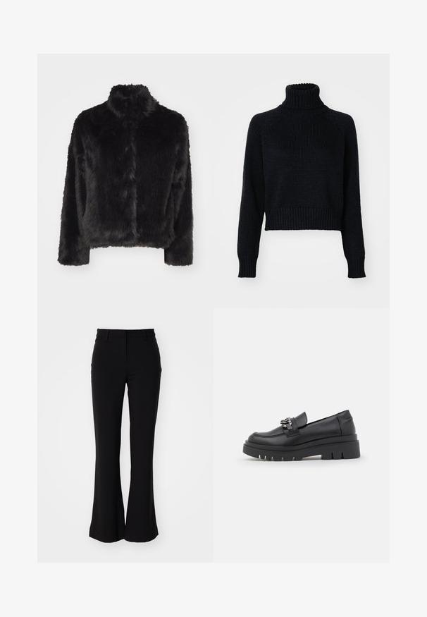 Vero Moda VMMONROE czarny; Czarny sweter z wysokim kołnierzem o skróconym fasonie, z ściągaczami na mankietach i u dołu oraz teksturowanym splotem na całej powierzchni.; Czarne dzwony z gładkiego materiału, z średnim stanem i bocznymi kieszeniami, prezentujące smukły krój i dopasowane wykończenie.; Czarne buty typu loafer na grubej podeszwie, z gładkiej skóry, ozdobnym łańcuchem, oraz lekko podwyższonym obcasem z nacięciem.