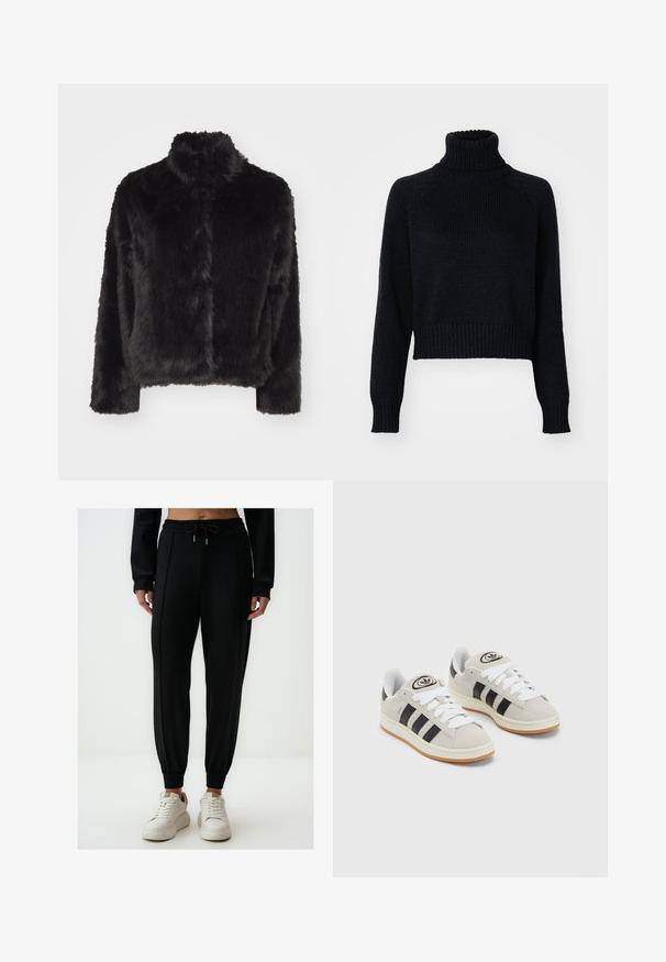 Vero Moda VMMONROE SHORT JACKET - Winterjas - black; Donker gebreide coltrui met een cropped ontwerp, voorzien van geribde manchetten en zoom, en een gestructureerde weefsel throughout.; Zwarte sportieve joggers met een geraffineerde tailleband, trekkoord, elastische boorden en dubbele zijpanelen, gemaakt van een gladde, rekbare stof.; Grijze nubucklederen sneakers met witte veters, zwarte strepen en een witte rubberen zool. Bevat een rond logo op de tong en een gumzool.