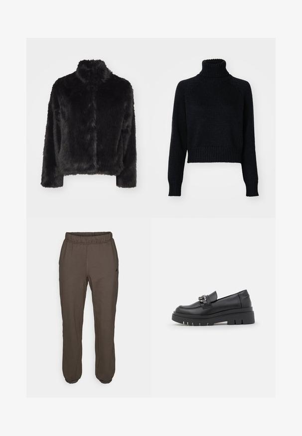Vero Moda VMMONROE SHORT JACKET - Winter jacket - black; Dark knitted turtleneck sweater with a cropped design, featuring ribbed cuffs and hem, and a textured weave throughout.; adidas Performance POWER LOOSE FIT - Tracksuit bottoms - shadow olive; Black loafer-style shoe with a chunky platform sole, smooth leather upper, decorative chain accent, and slight heel with notched detail.