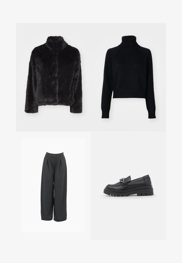 Vero Moda VMMONROE SHORT JACKET - Winter jacket - black; Dark knitted turtleneck sweater with a cropped design, featuring ribbed cuffs and hem, and a textured weave throughout.; Wide-leg trousers in dark gray, featuring a high waist, front pleats, and smooth fabric texture. Tailored design with a loose fit.; Black loafer-style shoe with a chunky platform sole, smooth leather upper, decorative chain accent, and slight heel with notched detail.