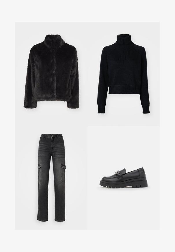 Vero Moda VMMONROE SHORT JACKET - Talvejope - black; Tume kudumiskrae-sviiter, millel on lühendatud disain, ribaga käsivarsid ja ääred ning tekstureeritud kudumine kogu ulatuses.; Kõrge vöökohaga, sirged jalgadega cargo jeanid pleekinud mustast denimist. Omab küljetaskuid, nööbiga sulgemist ja topeltõmmeldud õmblusi.; Must must- stiilis mustad mokassiinid, millel on massiivne platvormi tald, siledast nahast pealne, dekoratiivne kett ning kerge konts, millel on sälgutamine.