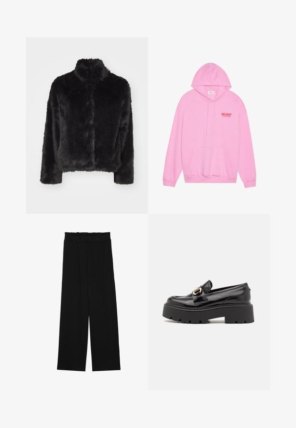 Vero Moda VMMONROE SHORT JACKET - Zimska jakna - black; Roza kapuca iz mehkega materiala, ki ima sprednji žep, kapuco na vrvico in besedo "DELIGHT" natisnjeno rdeče na prsih.; Črne široke hlače s nabranim pasom, ki imajo dva stranska žepa in so izdelane iz gladkega, lahkega blaga. Brez vidnih vzorcev ali kovinskega okova.; Steve Madden OCCUPY - Čevlji brez vezalk - black