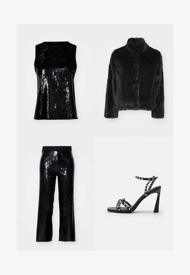 Vero Moda VMMONROE SHORT JACKET - Zimska jakna - black; Črn brezrokavnik okrašen s sekvencami, z sijočo teksturo in prilegajočim krojem. Okrogla izrezana vrhnja oblačila brez vidnih zapiranj.; Črne sequinske hlače s ravnim krojem, elastičnim pasom in sijočo teksturo, ki odbija svetlobo. Polne dolžine, brez žepov in z gladkim zaključkom.; Črne visokot Heel sandale z širokim trakom, okrašenimi z ljubitelji in elegantnim dizajnom; imajo zaponko za zapiranje in gladko površino.
