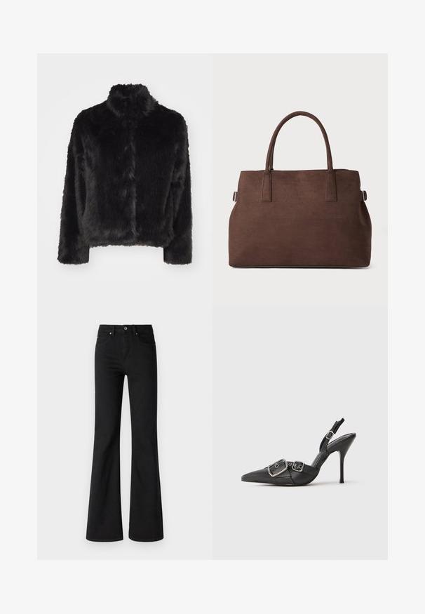 Vero Moda VMMONROE SHORT JACKET - Zimska jakna - black; T-maica kratkih rukavov, svetle bež barve, z okroglo izrezano vrvico ter kontrastnim črnim robom okoli izreza in rokavov, predstavljena raven.; Črne flare jeans hlače iz denima z visokim pasom, ki imajo pet žepov, sprednji gumb in zadrgo, gladka tekstura.; Črne stiletto pete z zašiljenim nosom, dvema srebrnima zaponkama in gležnjenčnim trakom, prikazane na enobarvni beli podlagi.; Rjava tote torba iz umetnega usnja z dvema trdnima ročajema, strukturirano obliko in minimalističnim dizajnom, ki vsebuje subtilne šive.