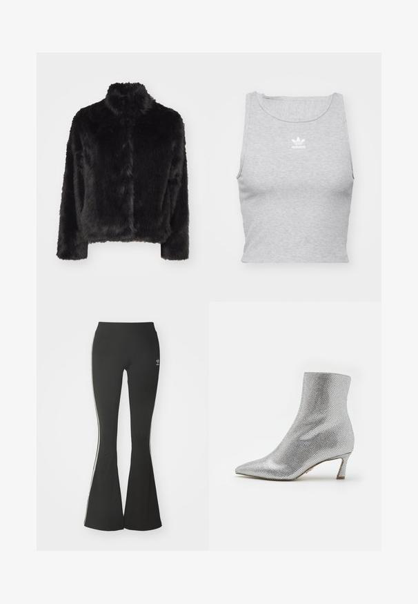 Vero Moda VMMONROE SHORT JACKET - Winter jacket - black; Grey, sleeveless crop top made of soft fabric, featuring a round neckline and a small white Adidas logo on the chest.; Black flared leggings made of stretch fabric, featuring a high waistband and white side stripes. Includes small logo at the waist.; Silver ankle boot with a textured, mesh-like surface, pointed toe, and a low, structured heel. Features a smooth interior lining.