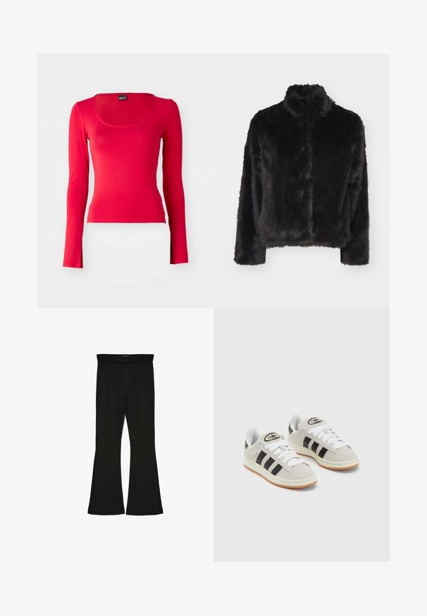 Vero Moda VMMONROE SHORT JACKET - Winter jacket - black; Red long-sleeve top with a scoop neck, made from soft, stretchy fabric. Features a fitted design and smooth texture. No visible patterns or accents.; Black flare leggings made from stretchy fabric. Features a wide waistband and a smooth texture, with a fitted silhouette that flares at the hem.; Gray suede sneakers with white laces, black stripes, and a white rubber sole. Features a circular logo on the tongue and a gum sole.