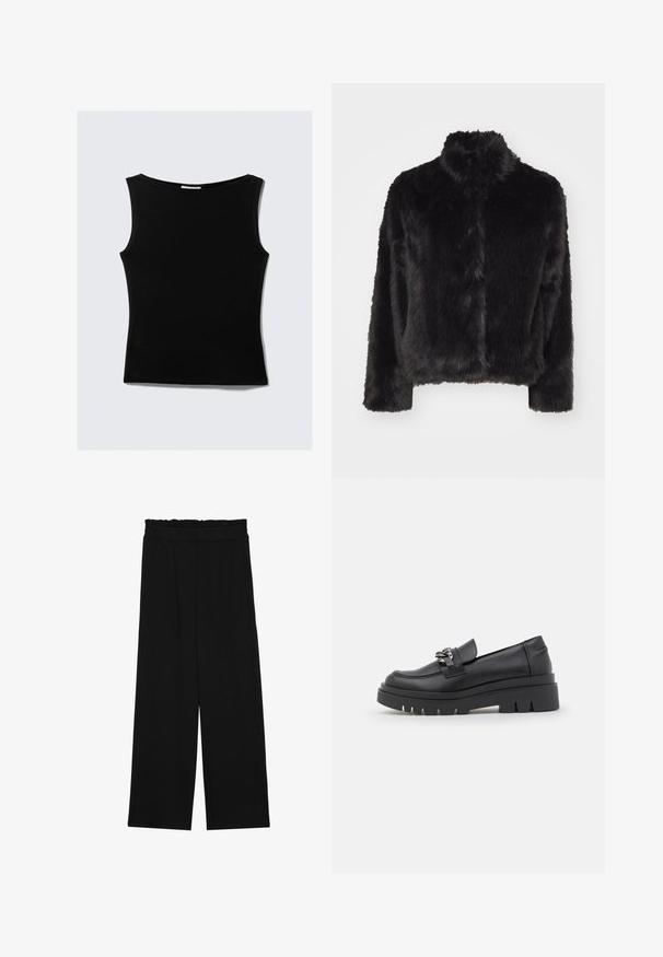 Vero Moda VMMONROE SHORT JACKET - Winter jacket - black; Black sleeveless top with a rounded neckline, made from a smooth, stretchy fabric. Features a fitted silhouette and clean, simple design.; Black wide-leg trousers with a ruffled waistband, featuring two side pockets and a smooth, lightweight fabric. No visible patterns or hardware.; Black loafer-style shoe with a chunky platform sole, smooth leather upper, decorative chain accent, and slight heel with notched detail.