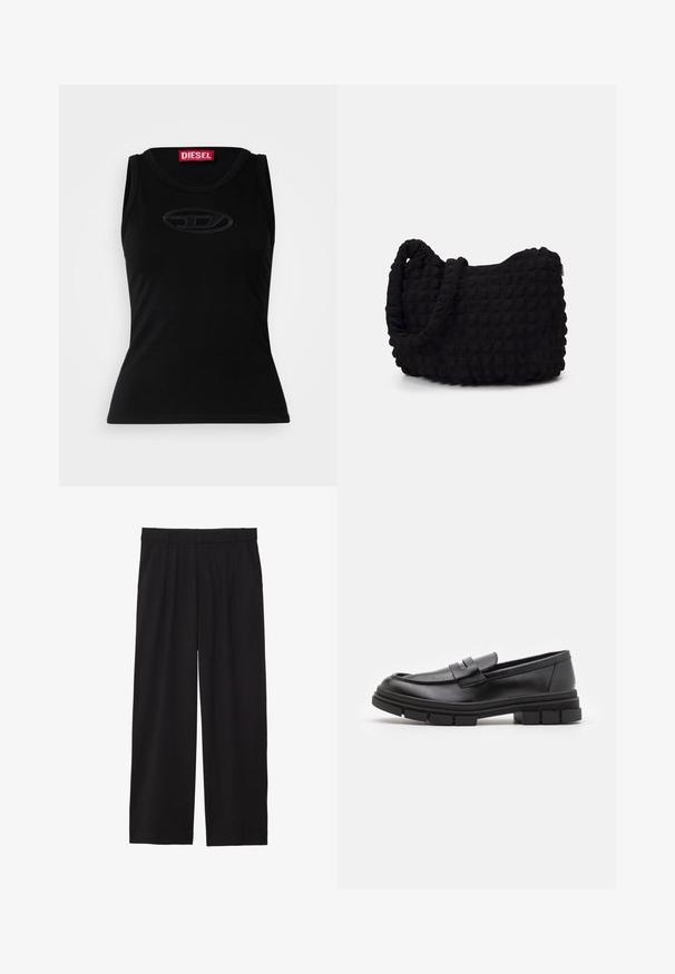 Vero Moda VMMONROE SHORT JACKET - Winterjas - black; Zwarte mouwloze tanktop van zacht katoen, met een subtiele reliëflogo in het midden en een rood merklabel in de nek.; Zwarte wijde broek met geplooide voorkant, zijzakken en een gladde stoftextuur. Ontworpen voor een ontspannen pasvorm.; Zwarte leren instappers met een gladde afwerking, voorzien van een voorste banddetail en een stevige rubberen zool met gegroefde accenten.; Zwarte stoffen tas met een gestructureerd, gewatteerd patroon. Rondvormig, korte, dikke handvatten en een zachte, flexibele structuur.