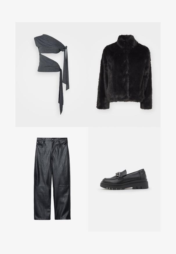 Vero Moda VMMONROE SHORT JACKET - Vinterjacka - black; Jaded London DOUBLE KNOTTED - T-shirt med print - grey; Svarta byxor i imitation läder med vida ben som har ett krokodilmönster, traditionell femficksdesign samt detaljer med silverfärgad knapp och nitar.; Svart loafersko i stil med en kraftig plattformssula, slät läderöverdel, dekorativ kedjedetalj och låg klack med utskärning.