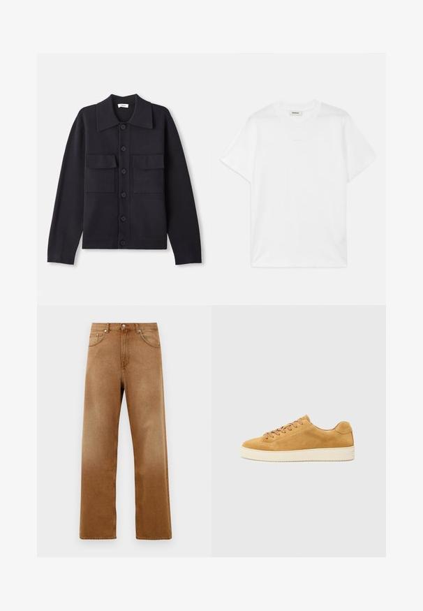 Tumesinine kootud kardigan, krae ja pikkade varrukatega, kahe rinna taskuga ning nööpidega esiküljel. Sile tekstuur ja kohandatud lõige.; Valge puuvillane T-särk ümmarguse kaeluse, lühikeste varrukate ja peene logoga, mis on trükitud ette. Sile tekstuur ja lihtne disain.; Pruunist denimist laiad püksid kõrge vöökohtaga, millel on kaks eesmist taskut, nööbiga sulgemine ja peen tekstuur. Ilma nähtavate mustrite või aktsendita.; Bež nubukist tennised madala profiiliga, ümarate varvaste ja paeltega esiosa. Kreemivärvi kummist sisetald, millel on peened tekstuurid ja minimaalne detailide arv.
