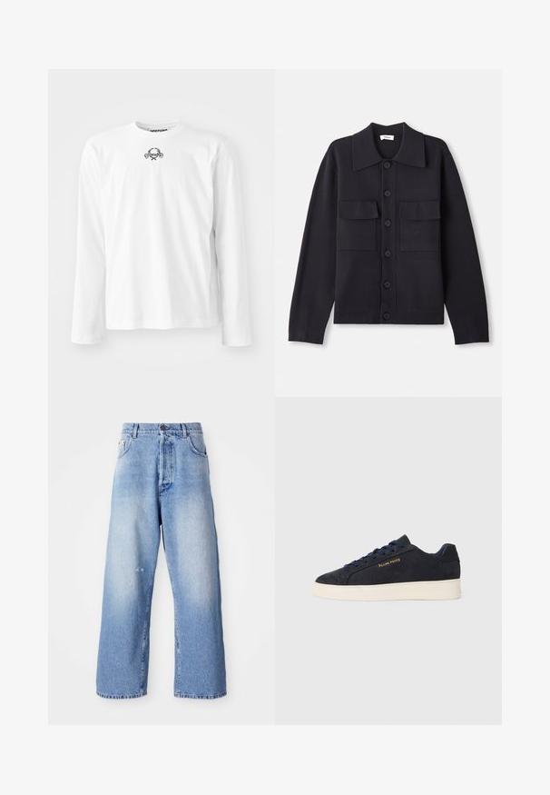 Tamsiai mėlynas megztinis su apykakle, ilgomis rankovėmis, dviem krūtinės kišenėmis ir sagčių užsegimu. Lygi tekstūra su pritaikytu siluetu.; Balta ilgomis rankovėmis marškiniai, pagaminti iš medvilnės, su apvaliu iškirpimu ir mažo juodo grafikos dizaino centre bei užlenktomis rankovėmis.; Šviesiai mėlynos džinsinės plačių kojų kelnes su išblukusiu apdailos efektu, kurios turi mygtuko užsegimą, diržo kilpas ir nedidelį nusidėvėjimą šalia kelio.; Tamsiai mėlynos zomšos žemos batai su balta siaura, tamsiai mėlynais raišteliais ir auksiniu logotipu „Filling Pieces“ šone.