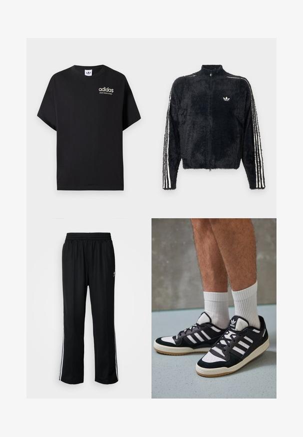 Juoda pūkuota striukė su aukštu apykakle, visiškai užtrauktuku ir baltais trimis juostelėmis ant rankovių. Sudedamas nedidelis logotipas ant krūtinės.; Juodas medvilninis marškinėliai su trumpomis rankovėmis, su apvalia iškirpte ir baltu Adidas logotipu, ant kurio parašyta "SPORT DESIGN STUDIO" auksine spalva. Lygus paviršius.; Juodi sportiniai keliai su elastingu juosmeniu, su baltais šonais ir mažu logotipu. Atrodo, kad medžiaga yra minkšta ir lengva.; Juodos ir baltos sportinės bateliai su zomšiniu ir odiniu viršumi, su trimis baltomis juostelėmis, perforuota koja ir guminėmis padais.