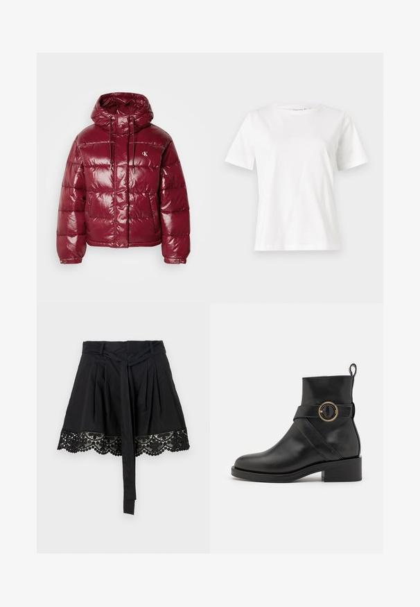 Chaqueta acolchada burdeos con un acabado brillante, capucha ajustable y dos bolsillos frontales. Presenta un logo bordado en la parte superior izquierda.; Camiseta de algodón blanca de manga corta, con cuello redondo y un corte relajado. Textura suave, sin patrones ni acentos, diseño minimalista.; Falda negra con un dobladillo de encaje texturizado que presenta bordes con forma de concha y detalles de pompones. El diseño incluye un acento de cintura atada.; BOSS IRYNA BOOTIE - Botines con plataforma - black